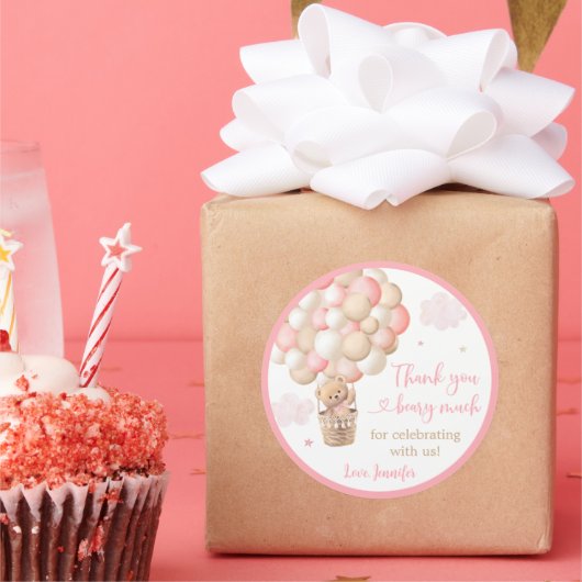 Roze Meisje Teddy Bear Hete Luchtballon Baby showe Ronde Sticker (Feest)