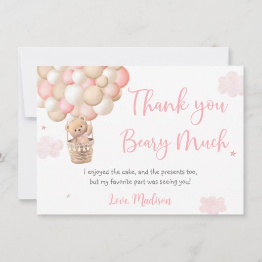 Roze Meisje Teddy Beer Ballonnen Verjaardag Bedankkaart (Voorkant)