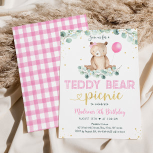 Roze Meisje Teddy Beer Picknick Verjaardag Kaart