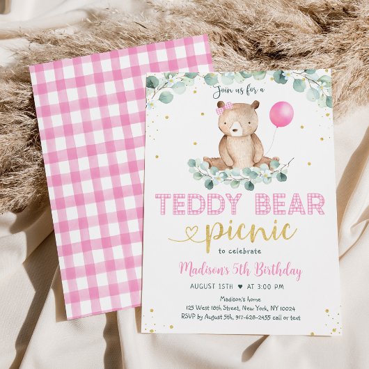 Roze Meisje Teddy Beer Picknick Verjaardag Kaart
