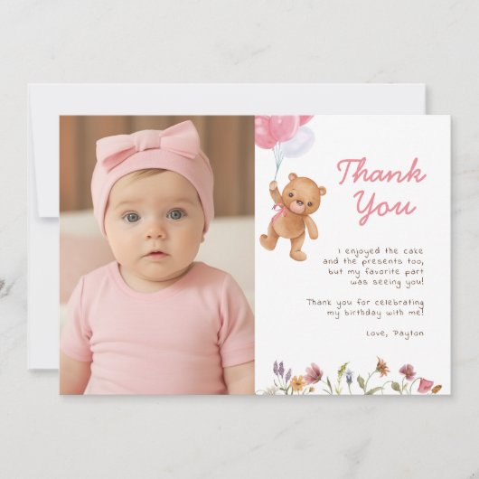 Roze Meisje Teddybeer 1e Verjaardag Bedankt (Voorkant)