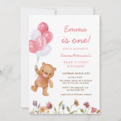 Roze Meisje Teddybeer 1e Verjaardag Kaart (Voorkant)