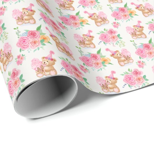 Roze Meisje Teddybeer IJs met pioenen Cadeaupapier (Rol Hoek)