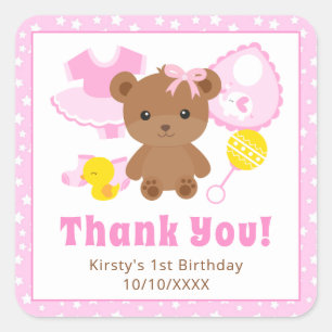 Roze Meisje Teddybeer Kleren Verjaardag Vierkante Sticker