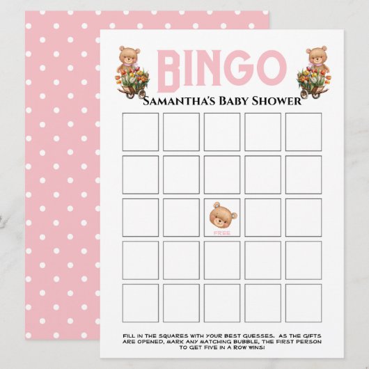 Roze meisje teddybeer uitnodiging (Voorkant / Achterkant)