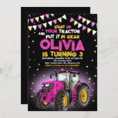 Roze Meisje Tractor 3e Verjaardagsfeestje Kaart (Voorkant / Achterkant)