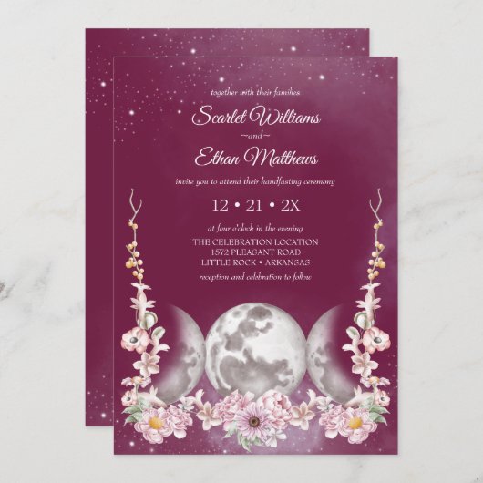 Roze meisje Triple Moon Floral Starry Handfasting Kaart (Voorkant / Achterkant)