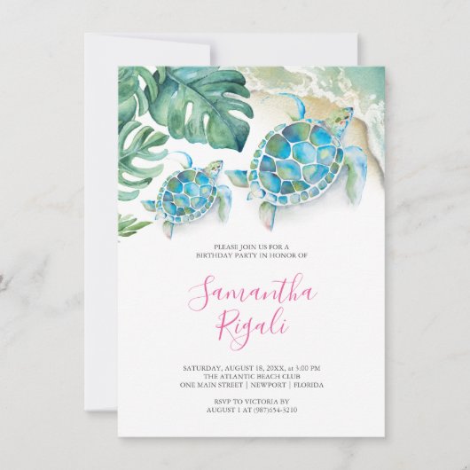 Roze Meisje Tropisch Zee Turtle Gingham Verjaardag Kaart (Voorkant)