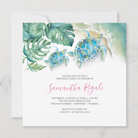 Roze Meisje Tropisch Zee Turtle Gingham Verjaardag Kaart (Voorkant)