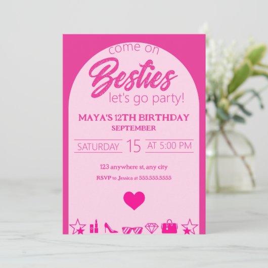 Roze Meisje Verjaardag, Roze Besties Partij Verjaa Kaart (Staand voorkant)