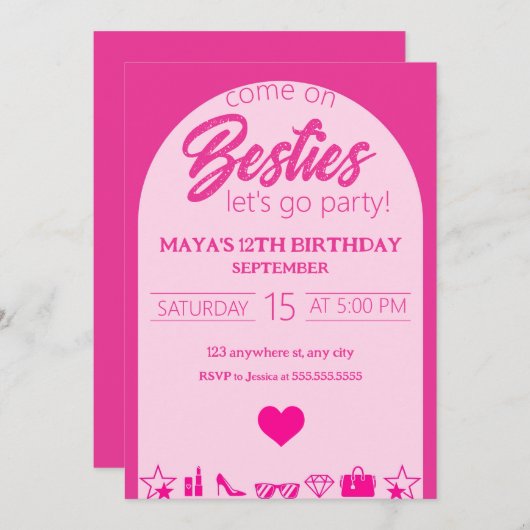 Roze Meisje Verjaardag, Roze Besties Partij Verjaa Kaart (Voorkant / Achterkant)