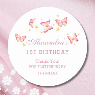 Roze Meisje Vlinder 1e Verjaardag Bedankt Ronde Sticker
