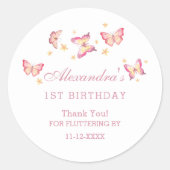 Roze Meisje Vlinder 1e Verjaardag Bedankt Ronde Sticker (Voorkant)