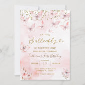 Roze Meisje Vlinder Verjaardagsfeestje Kaart (Voorkant)