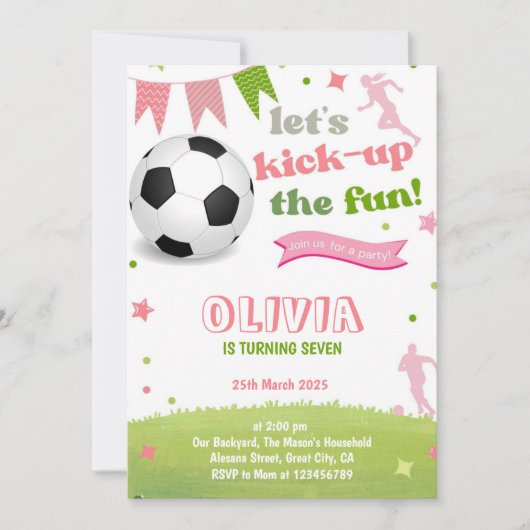 Roze meisje voetbal verjaardagsuitnodiging voetbal kaart (Voorkant)
