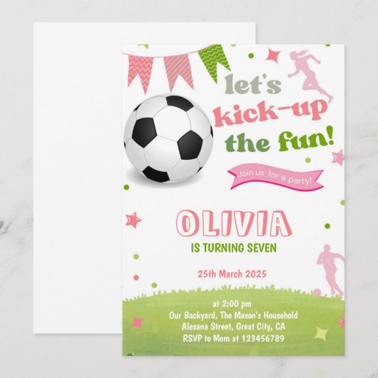 Roze meisje voetbal verjaardagsuitnodiging voetbal kaart (Voorkant / Achterkant)