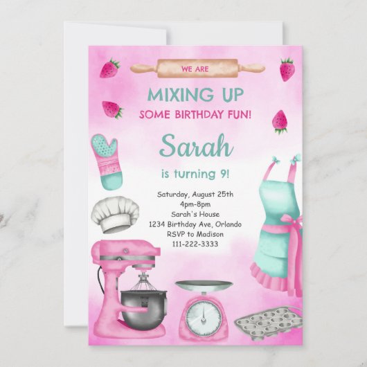 Roze Meisje Waterverf Bakken Verjaardagsuitnodigin Kaart (Voorkant)