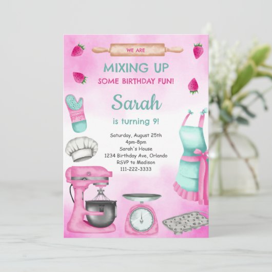 Roze Meisje Waterverf Bakken Verjaardagsuitnodigin Kaart (Staand voorkant)