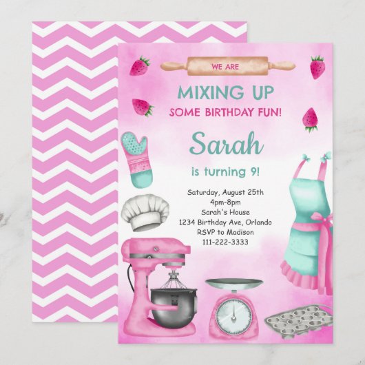 Roze Meisje Waterverf Bakken Verjaardagsuitnodigin Kaart (Voorkant / Achterkant)