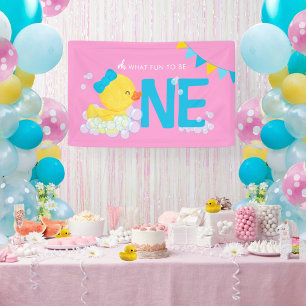 Roze Meisje Waterverf Duck Oh Wat leuk Een Feest Spandoek