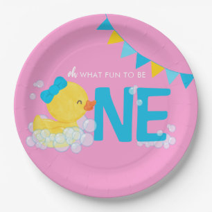 Roze Meisje Waterverf Eend Een 1e Verjaardag Papieren Bordje