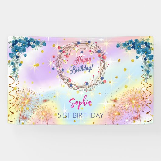 Roze Meisje Welkom Bloemen waterverf Verjaardagsfe Spandoek (Horizontaal)