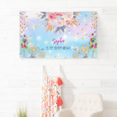 Roze Meisje Welkom Bloemen waterverf Verjaardagsfe Spandoek (Insitu)