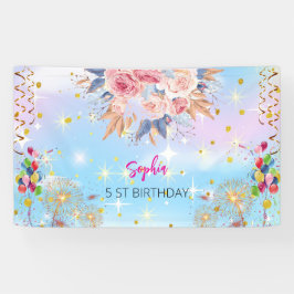 Roze Meisje Welkom Bloemen waterverf Verjaardagsfe Spandoek