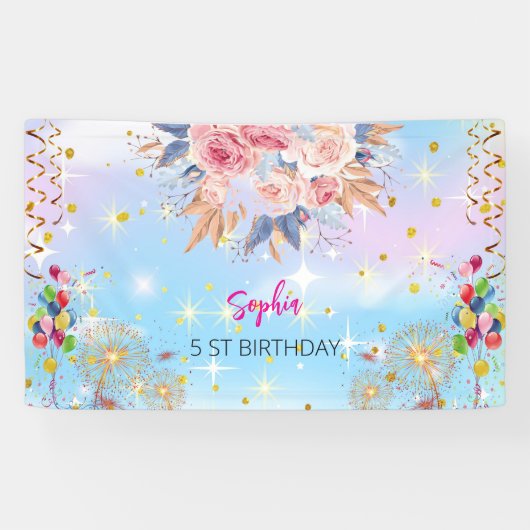 Roze Meisje Welkom Bloemen waterverf Verjaardagsfe Spandoek (Horizontaal)