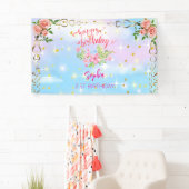 Roze Meisje Welkom Bloemen waterverf Verjaardagsfe Spandoek (Insitu)