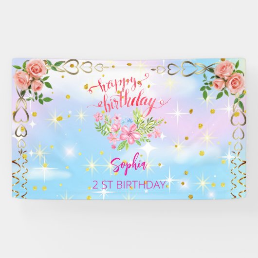 Roze Meisje Welkom Bloemen waterverf Verjaardagsfe Spandoek (Horizontaal)