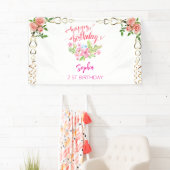 Roze Meisje Welkom Bloemen waterverf Verjaardagsfe Spandoek (Insitu)