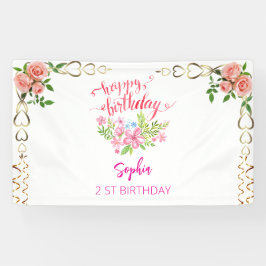 Roze Meisje Welkom Bloemen waterverf Verjaardagsfe Spandoek