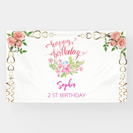 Roze Meisje Welkom Bloemen waterverf Verjaardagsfe Spandoek (Horizontaal)