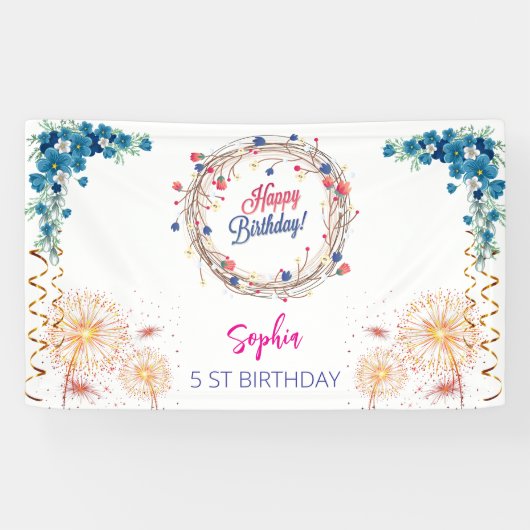 Roze Meisje Welkom Bloemen waterverf Verjaardagsfe Spandoek (Horizontaal)