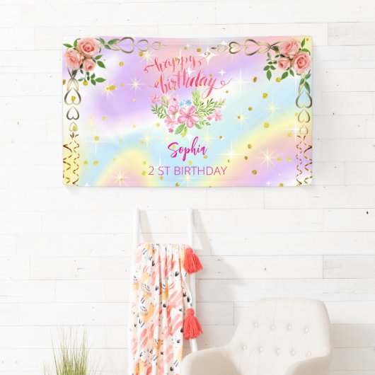 Roze Meisje Welkom Bloemen waterverf Verjaardagsfe Spandoek (Insitu)