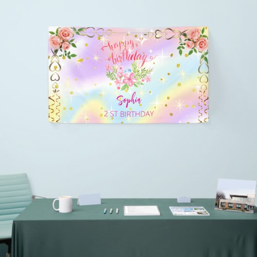 Roze Meisje Welkom Bloemen waterverf Verjaardagsfe Spandoek (Beurs)