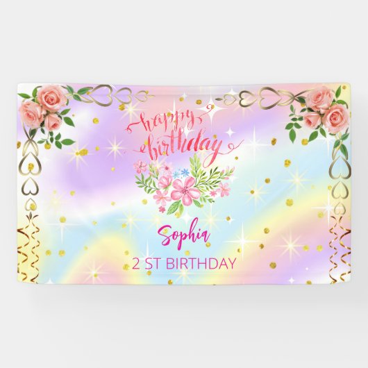 Roze Meisje Welkom Bloemen waterverf Verjaardagsfe Spandoek (Horizontaal)