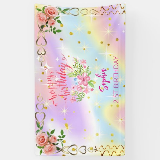 Roze Meisje Welkom Bloemen waterverf Verjaardagsfe Spandoek (Verticaal)