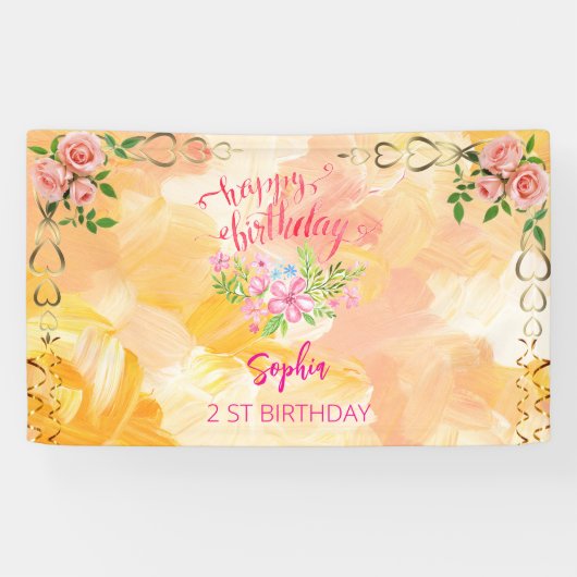 Roze Meisje Welkom Bloemen waterverf Verjaardagsfe Spandoek (Horizontaal)