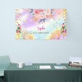 Roze Meisje Welkom Bloemen waterverf Verjaardagsfe Spandoek (Beurs)