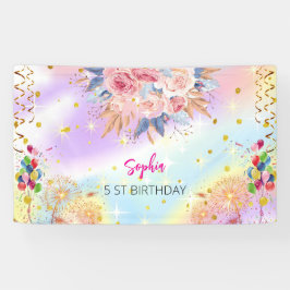 Roze Meisje Welkom Bloemen waterverf Verjaardagsfe Spandoek