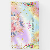 Roze Meisje Welkom Bloemen waterverf Verjaardagsfe Spandoek (Verticaal)