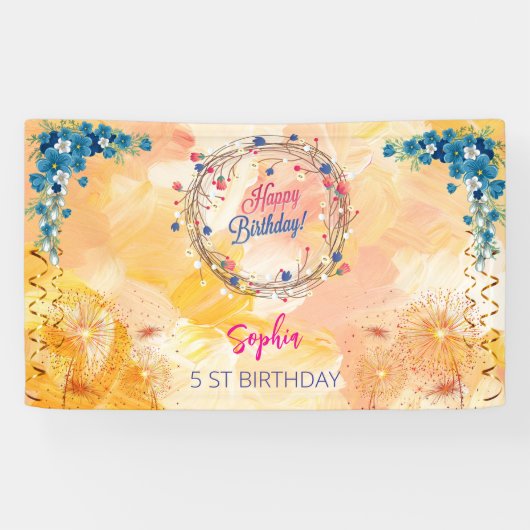 Roze Meisje Welkom Bloemen waterverf Verjaardagsfe Spandoek (Horizontaal)