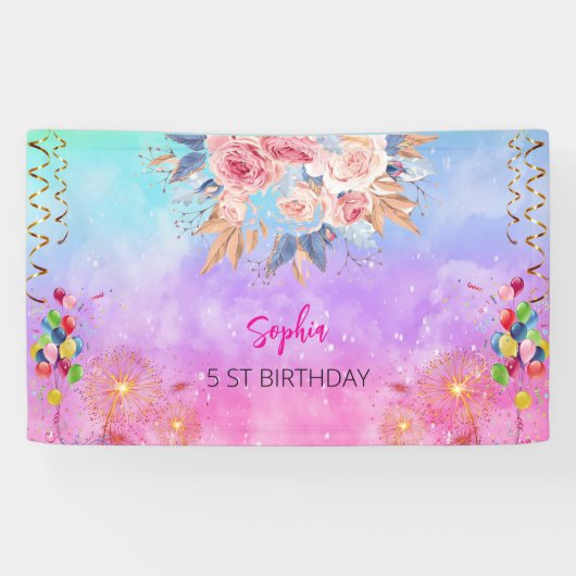 Roze Meisje Welkom Bloemen waterverf Verjaardagsfe Spandoek (Horizontaal)