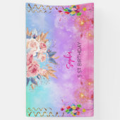 Roze Meisje Welkom Bloemen waterverf Verjaardagsfe Spandoek (Verticaal)