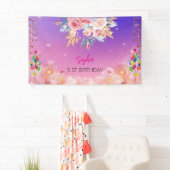 Roze Meisje Welkom Bloemen waterverf Verjaardagsfe Spandoek (Insitu)