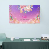 Roze Meisje Welkom Bloemen waterverf Verjaardagsfe Spandoek (Beurs)