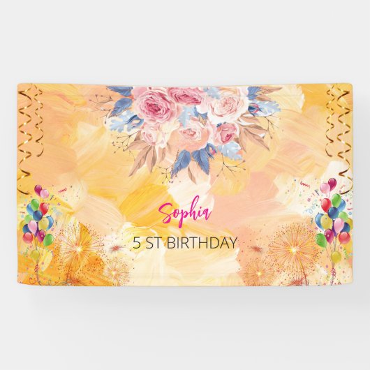 Roze Meisje Welkom Bloemen waterverf Verjaardagsfe Spandoek (Horizontaal)