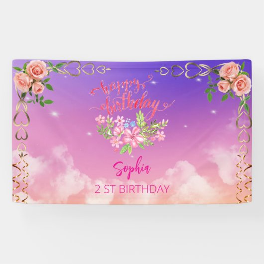 Roze Meisje Welkom Bloemen waterverf Verjaardagsfe Spandoek (Horizontaal)